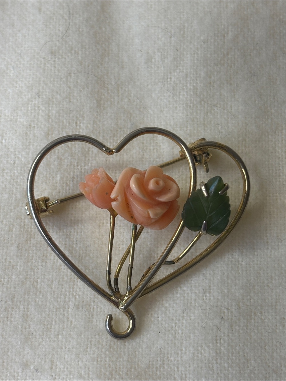 Vintage Carved Angel Skin Coral and Jade Rose Leaf Heart Brooch